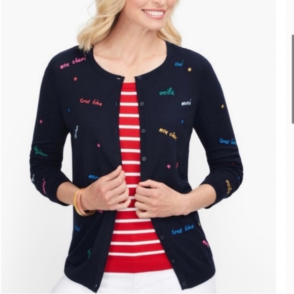 Talbots Charming Embroidered Sweater Cardigan Women's L Blue French Artsy Retro - Picture 1 of 12